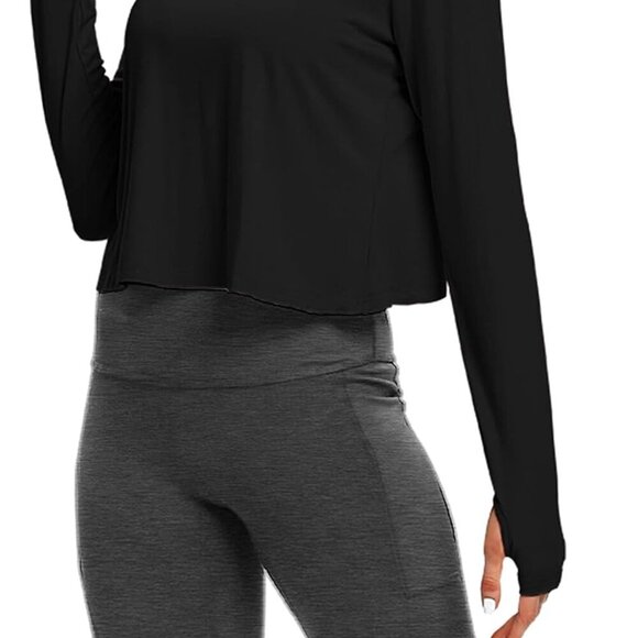 Black women's long sleeve breathable open back yoga top, lightweight, stretchy, - Picture 4 of 5